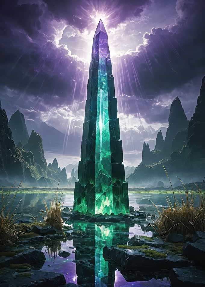 Emerald Obelisk — Luminous Crystal Monolith in a Mystic Landscape