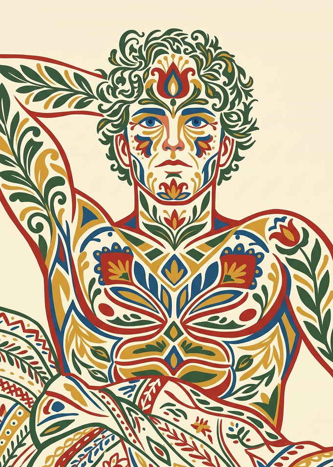Traditional Nordic Kurbits Folk Art Young Man