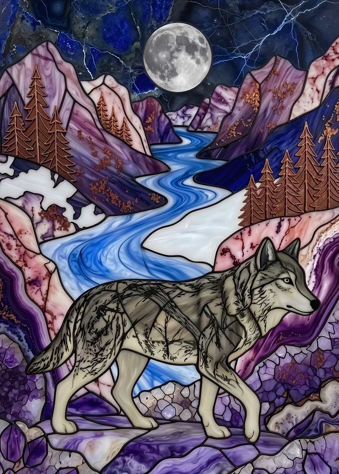 Stained Glass Wolf – Moonlit Wilderness – Abstract Fantasy #164