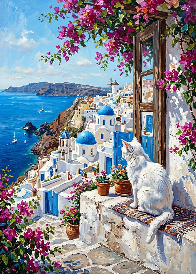 White Cat Overlooking Santorini Greece View