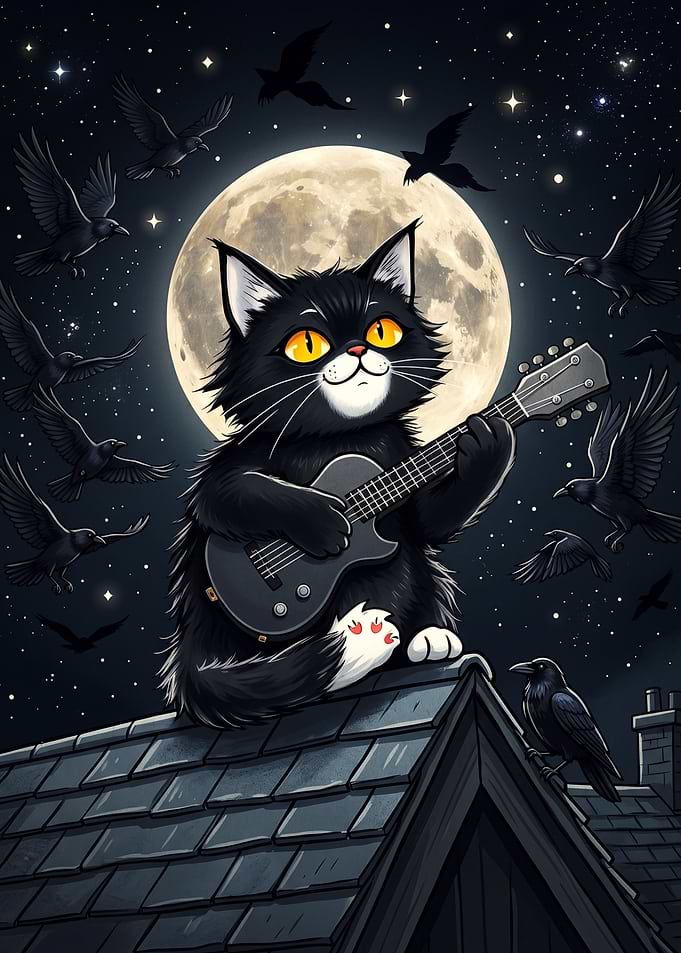 Black Cat Playing Guitar Under Moon