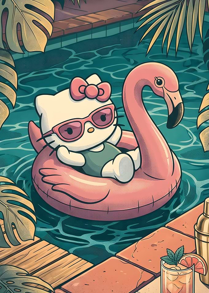 Hello Kitty Relaxing in Pool
