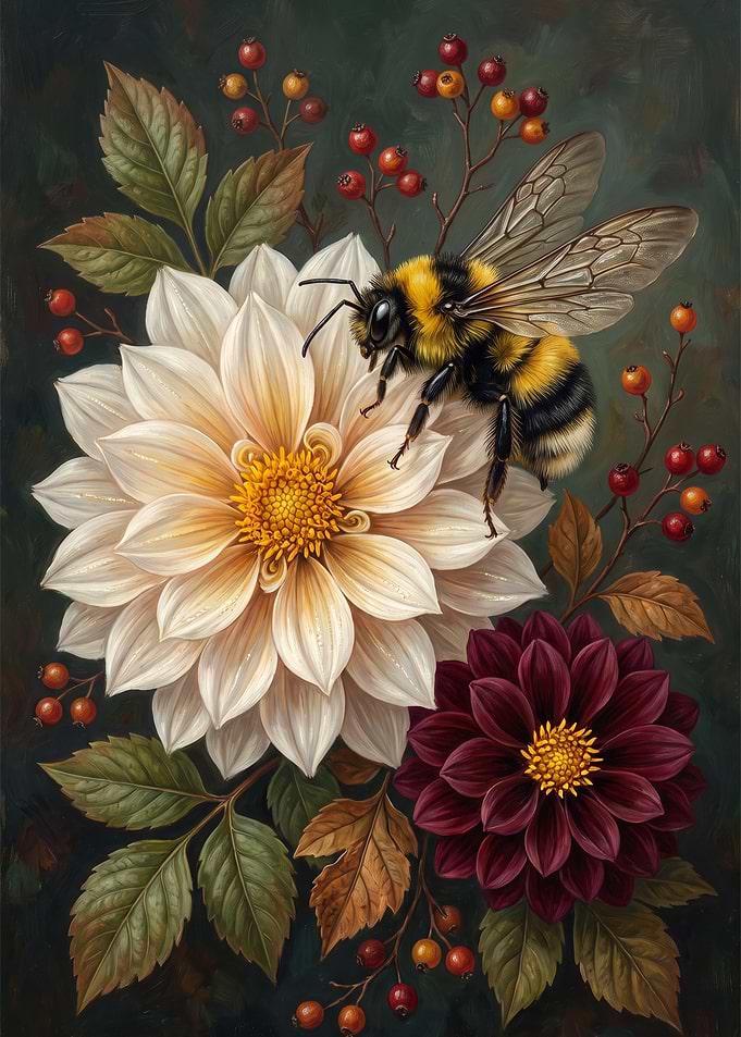 Bumblebee on Dahlia Flowers Painting