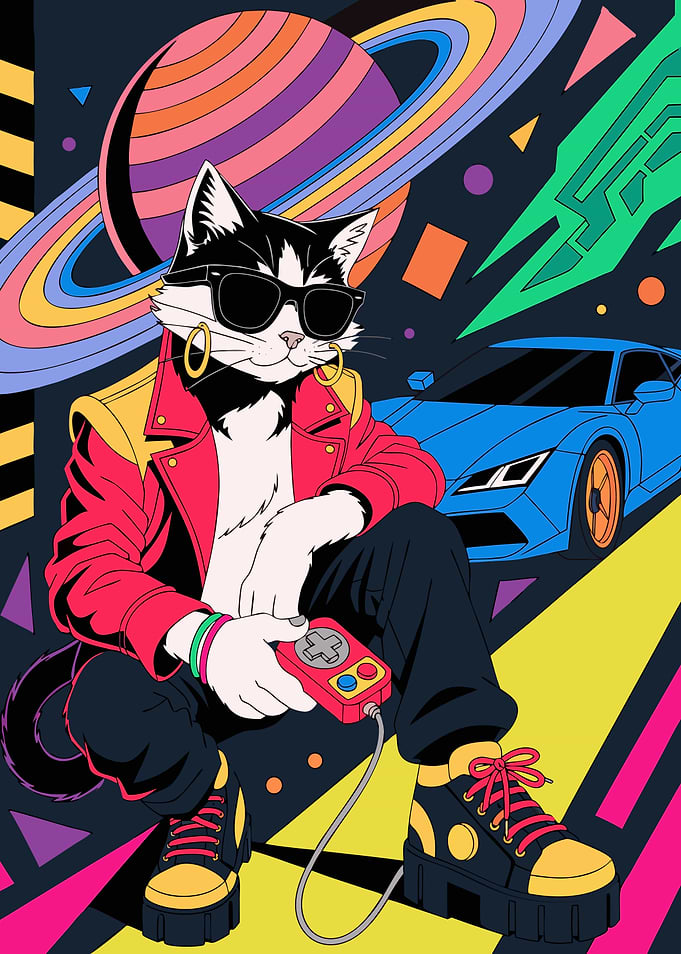 Cool Retro Gaming Cat Illustration