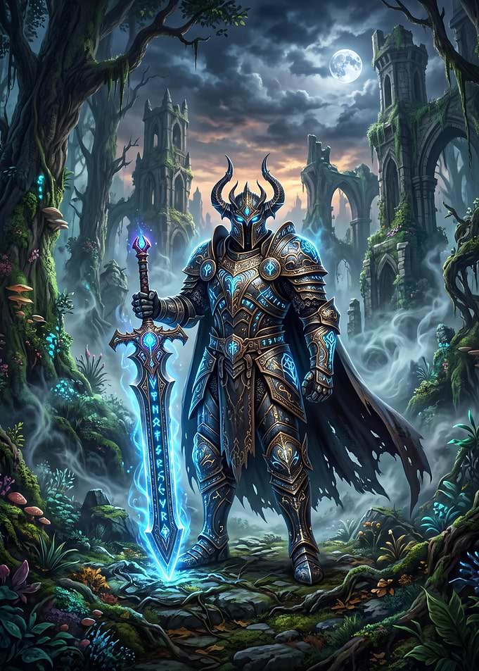 Dark Knight with Glowing Runes Sword