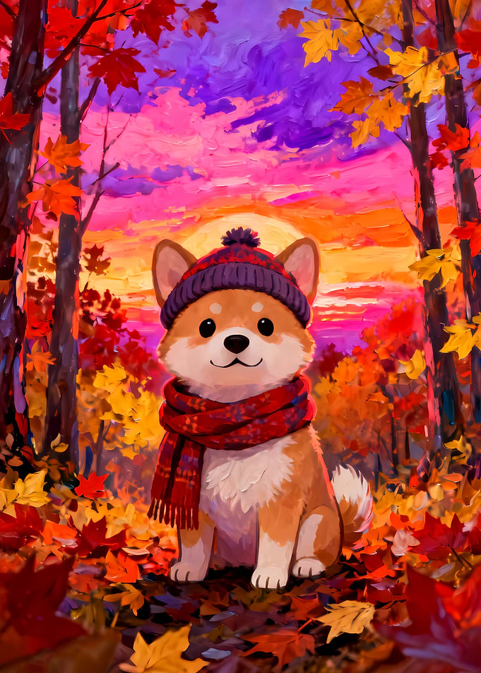 Cute Shiba Inu puppy in Autumn Forest