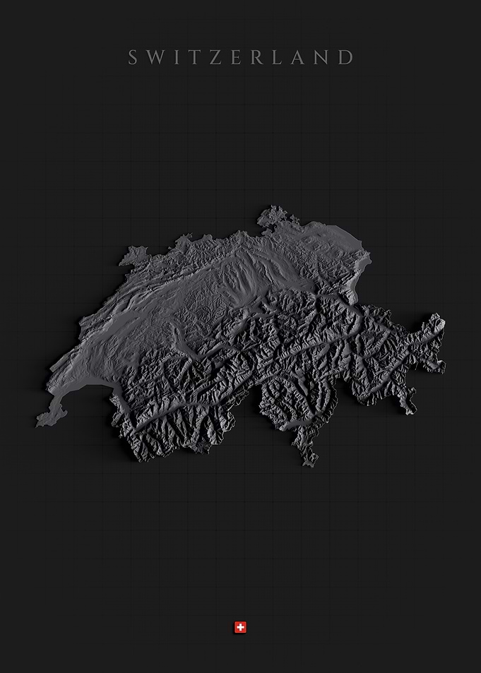 Switzerland Topographic Map - Dark Shaded Relief, 3D Elevation Poster