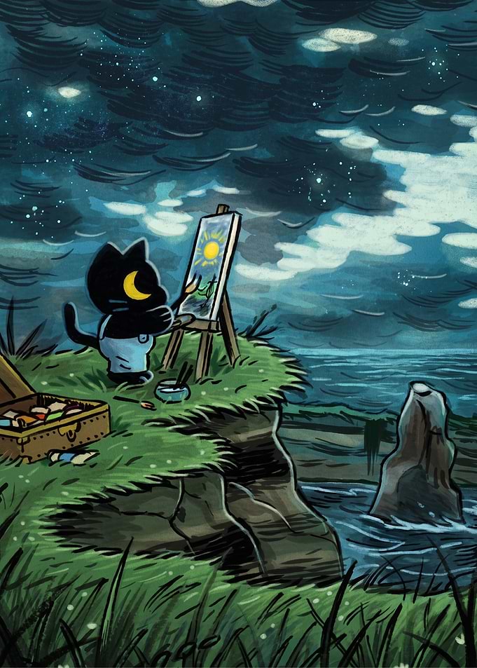 Cute Cat Painting Under Night Sky