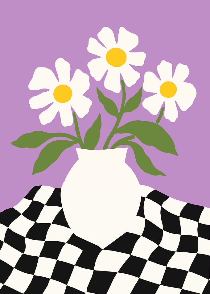 Daisies in Vase on Checkered Cloth