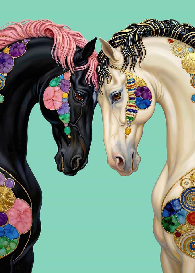 Ornate Black and White Horses