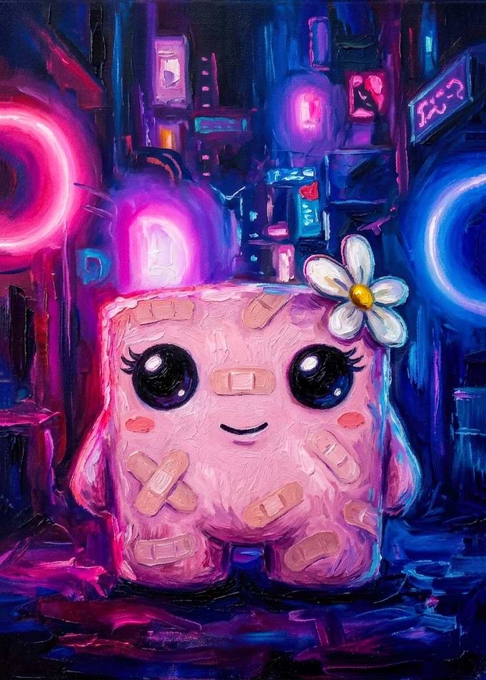 Cute Bandaged Character in Neon City
