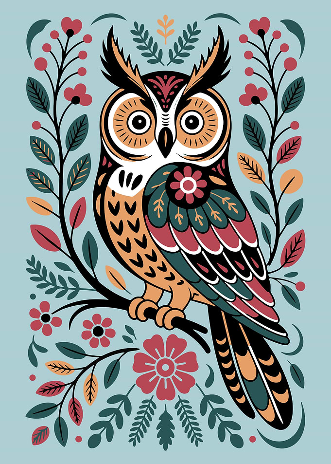Owl Folk Art Style Illustration