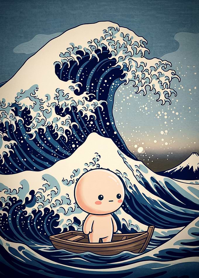 Cute Character in Great Wave Art