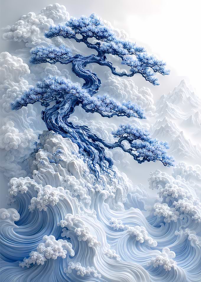 Blue Bonsai Tree on Snowy Waves