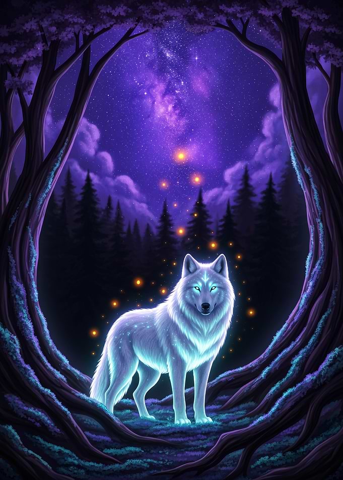 Glowing Spirit Wolf in Enchanted Forest