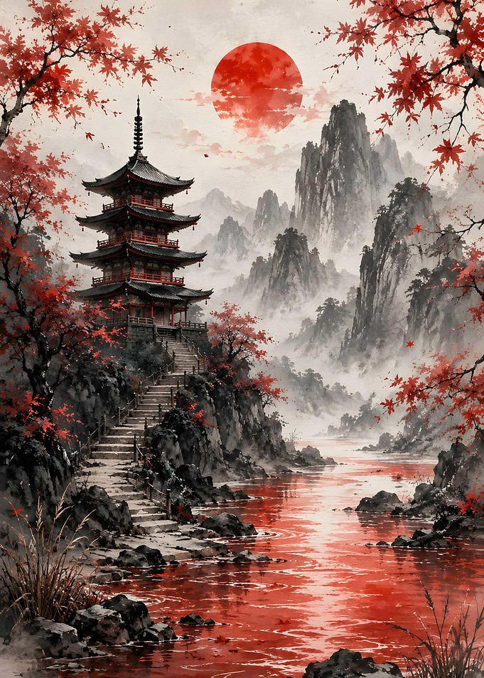 Traditional Japanese Pagoda in Autumn