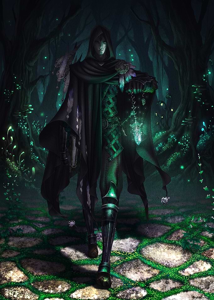 Mysterious Hooded Figure in Enchanted Forest