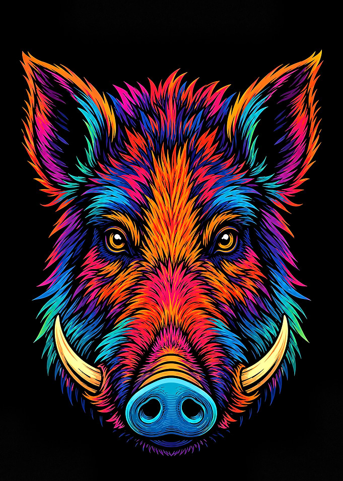 Vibrant Neon Wild Boar Portrait