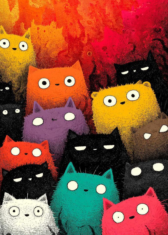 Colorful Crowd of Fluffy Cats