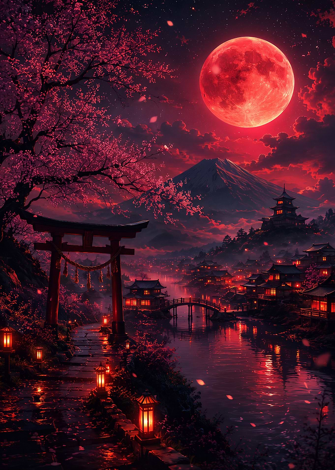 Red Moon Over Japanese Village