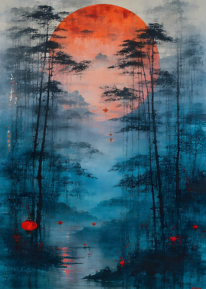 Ethereal Red Moon Over Misty Forest