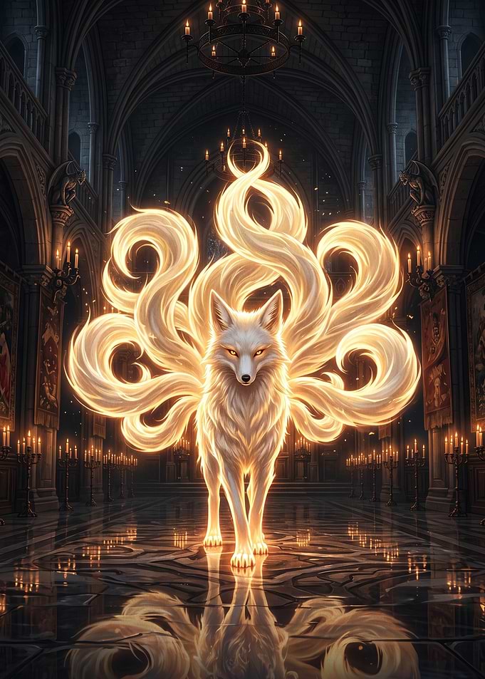 Glowing Nine-Tailed Kitsune in Cathedral