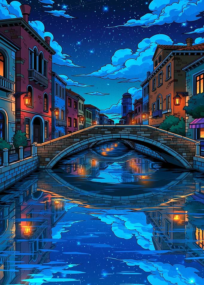 Venetian Canal Under Starry Night Sky