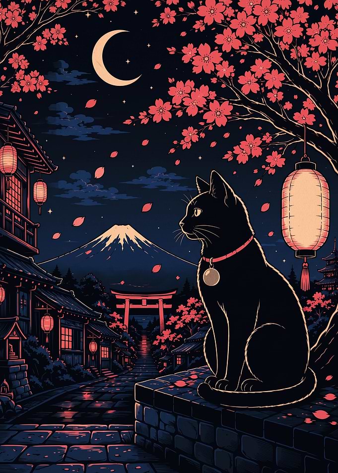 Black Cat Under Cherry Blossoms