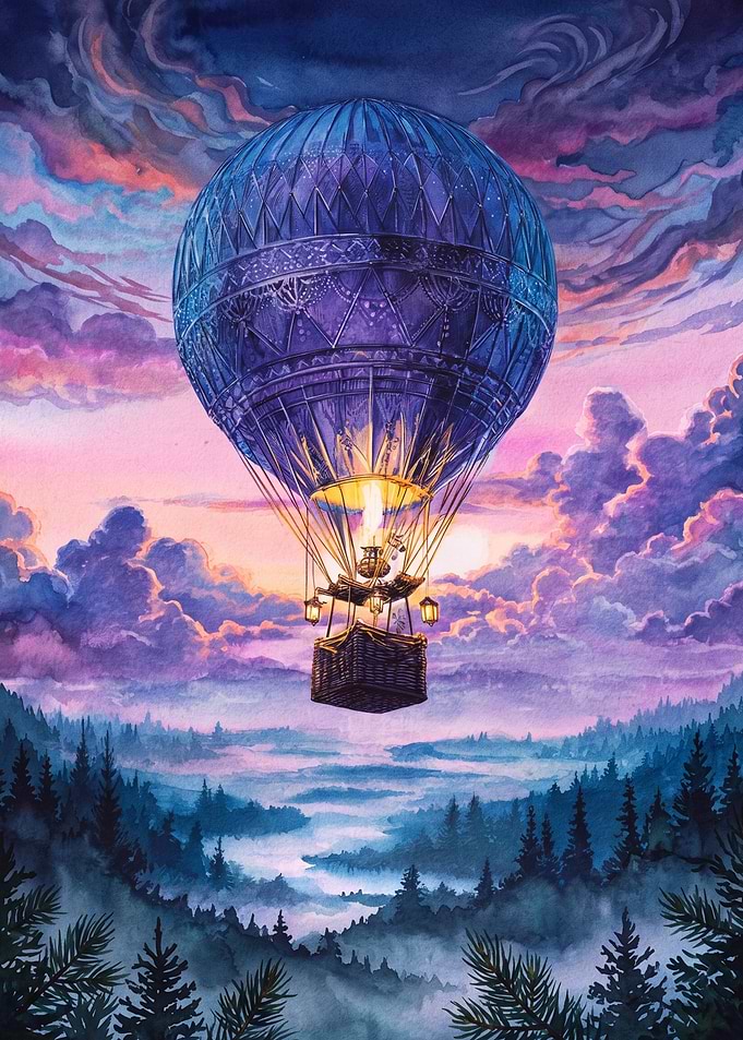 Whimsical Hot Air Balloon at Sunset
