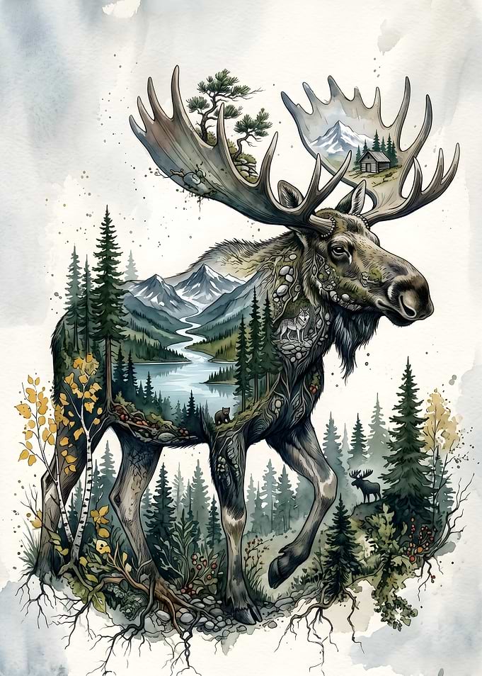 Double Exposure Moose Wilderness Art