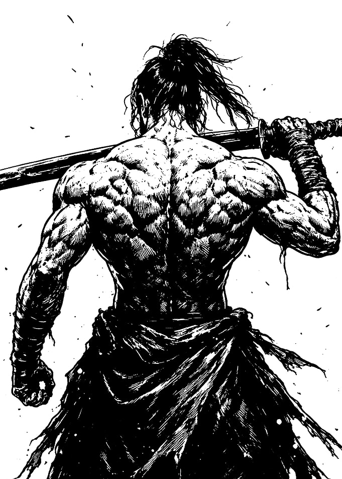 Muscular Samurai Warrior Back View