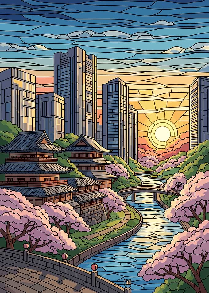 Stained Glass Japanese Cityscape Sunset