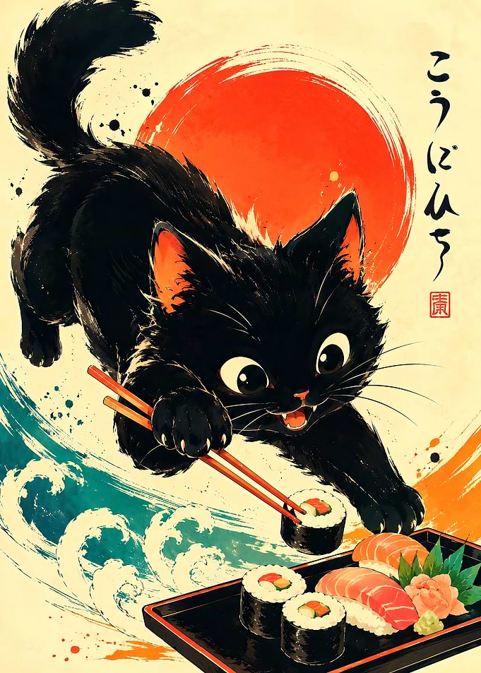 Black Cat Eating Sushi Illustration