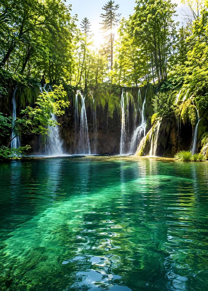 Sunlit Waterfall in Lush Forest