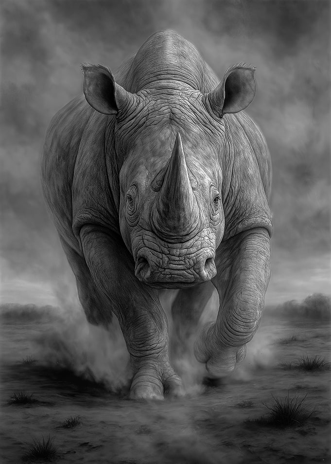 Charging Rhino in Monochrome