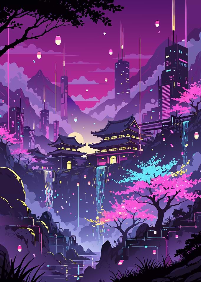 Cyberpunk Japanese Temple Landscape