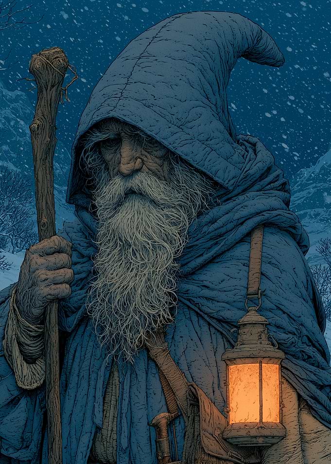 Old Wizard in Snowy Landscape