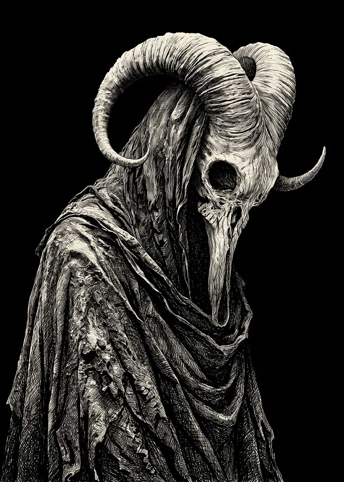 Dark Horned Skull Figure Illustration