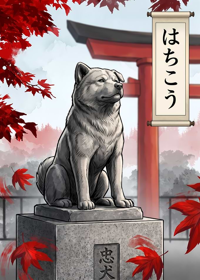 Hachiko Statue with Autumn Maple Leaves