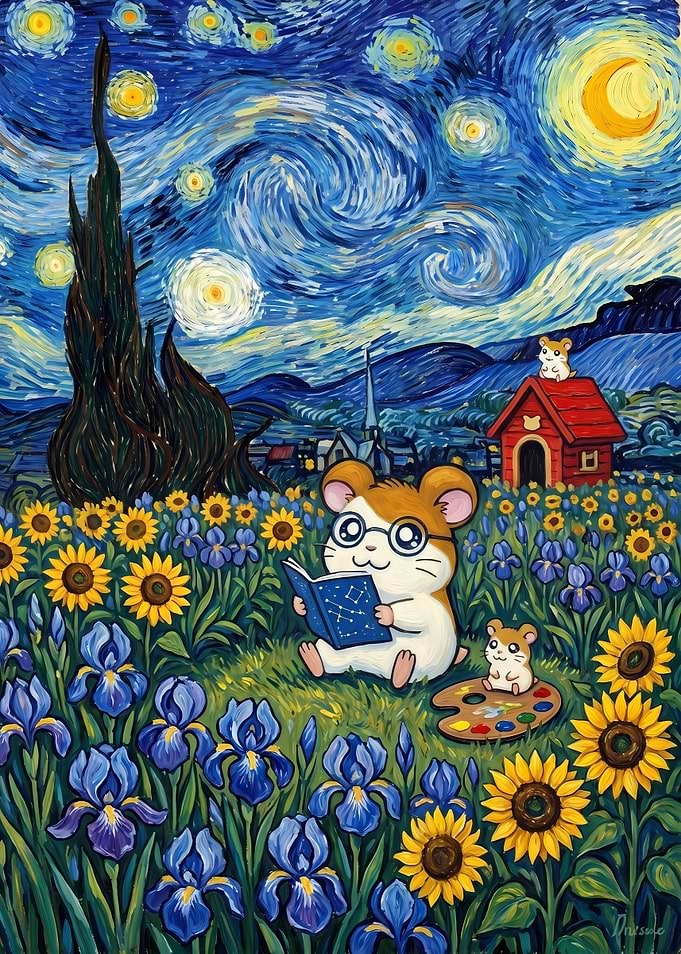 Hamtaro Reading in Starry Night Field