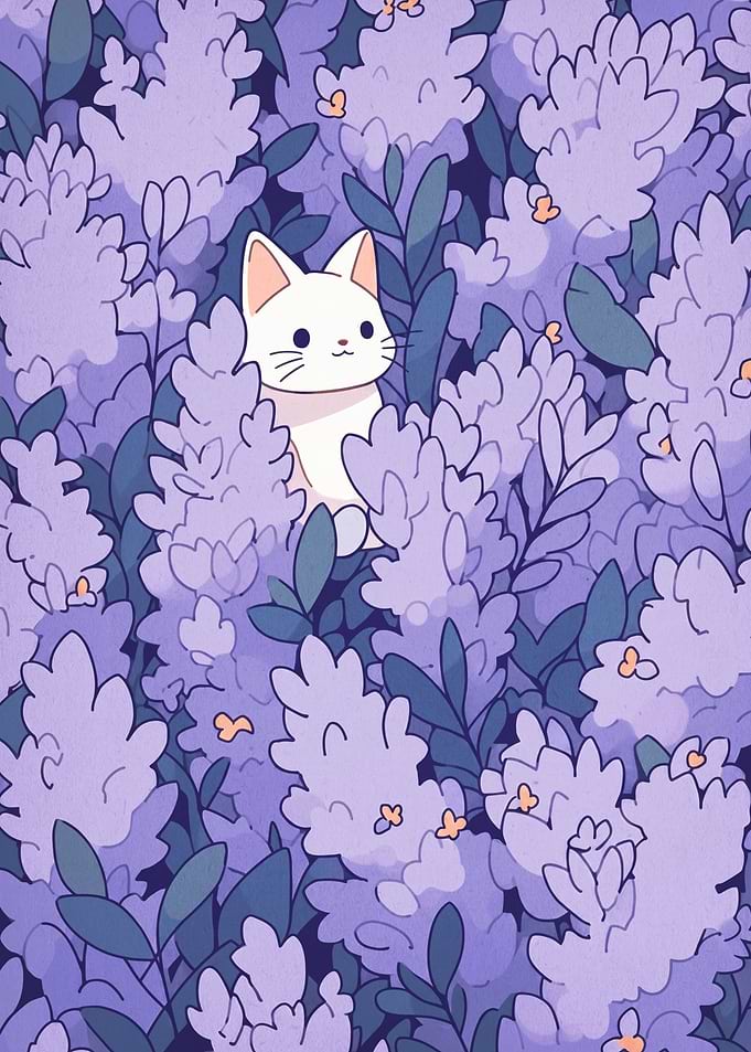 Cute white cat in lavender field