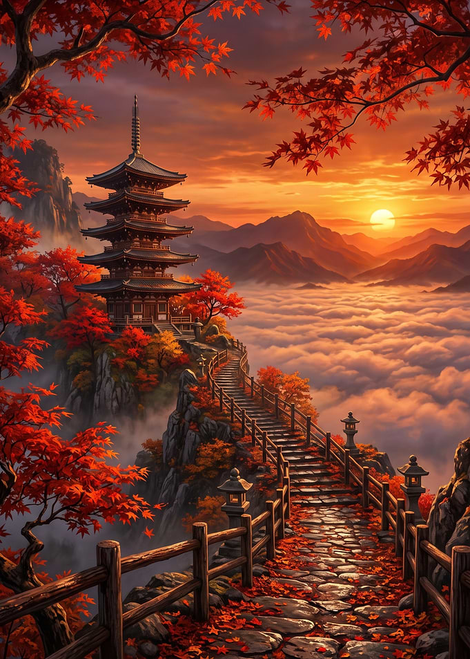 Pagoda Above the Clouds at Sunset
