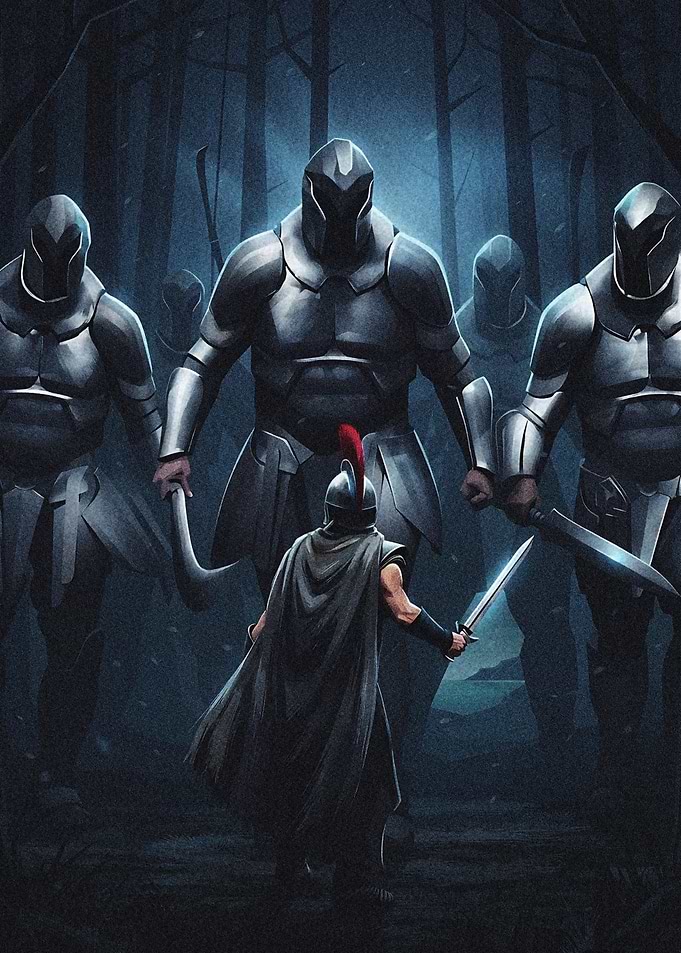 Spartan Warrior Facing Giant Knights