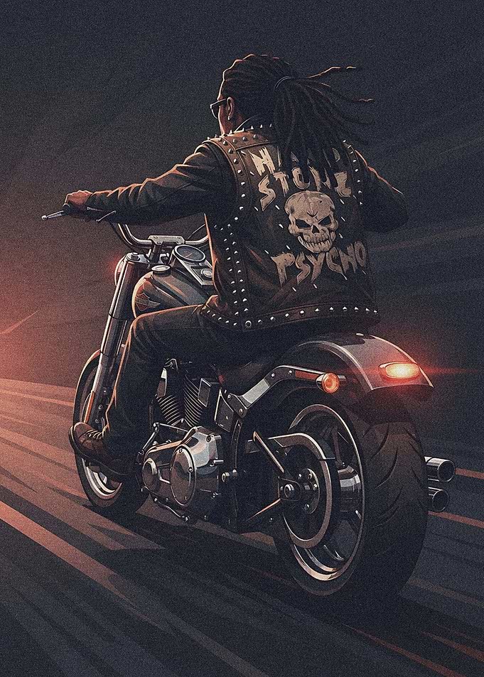 Biker with Dreadlocks Riding Motorcycle