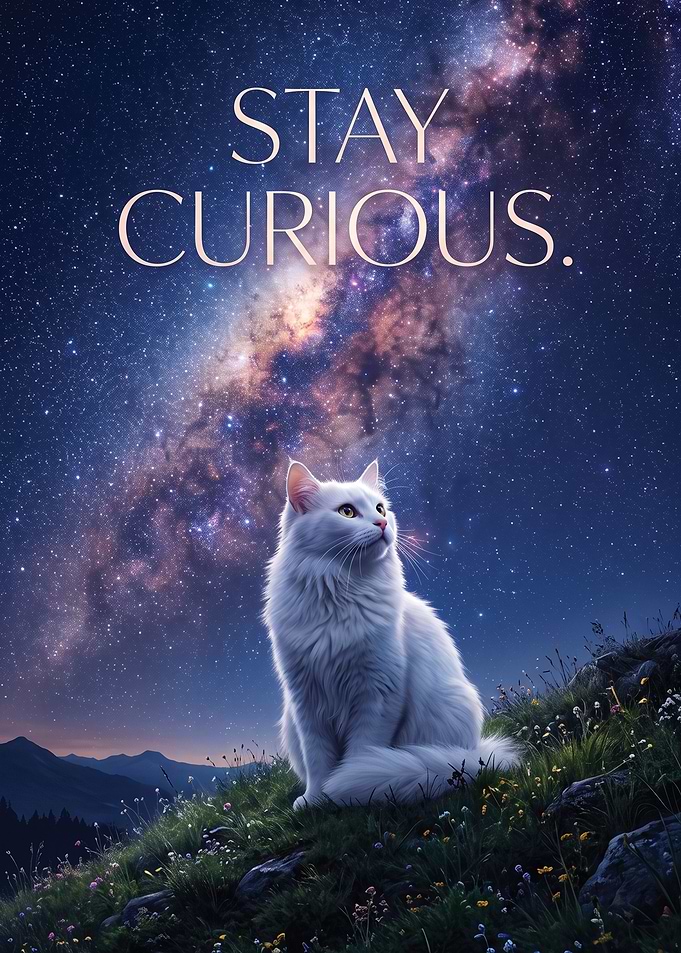 Stay Curious White Cat Galaxy Poster