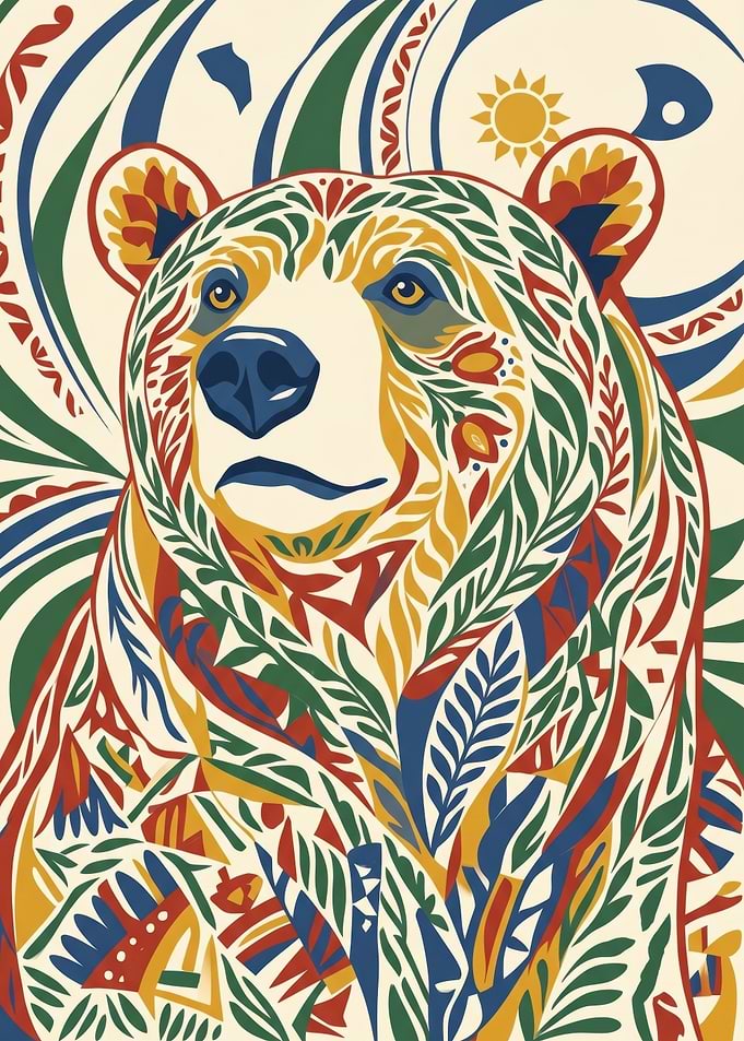Traditional Nordic Kurbits Folk Art Bear Portrait