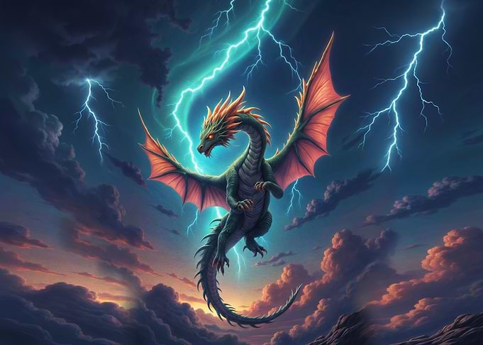 Green Dragon Soaring Through Lightning Storm