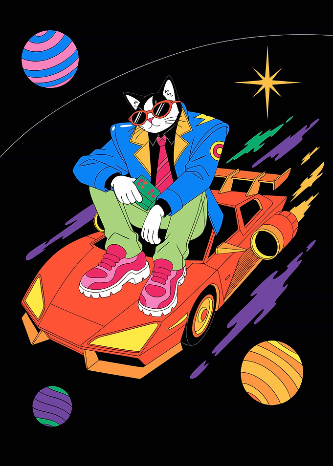 Cool Cat Driving Retro Space Car