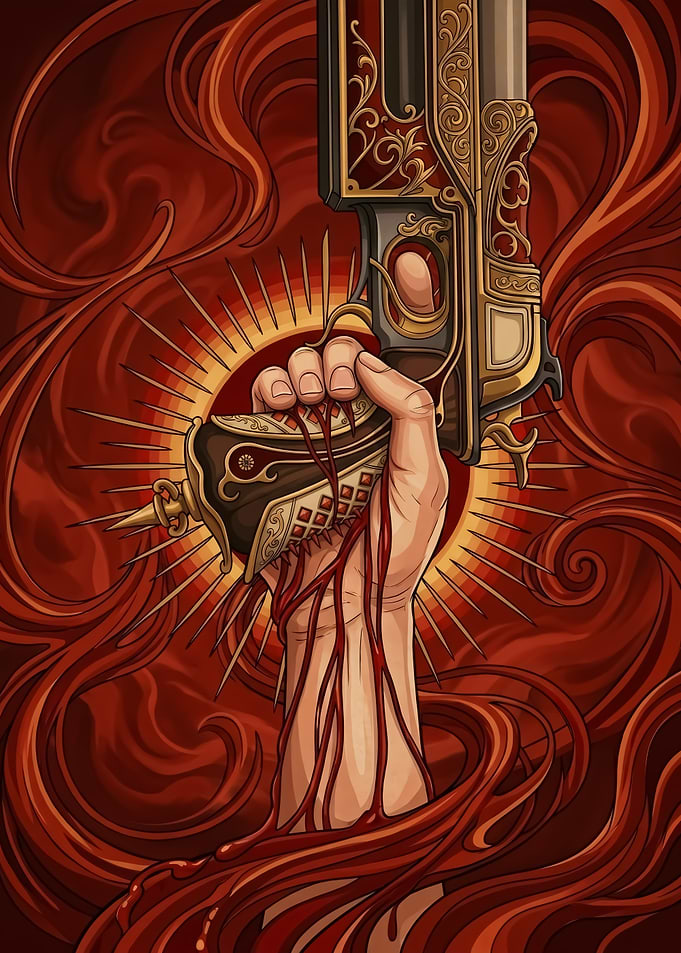 Ornate Pistol Held in Blood