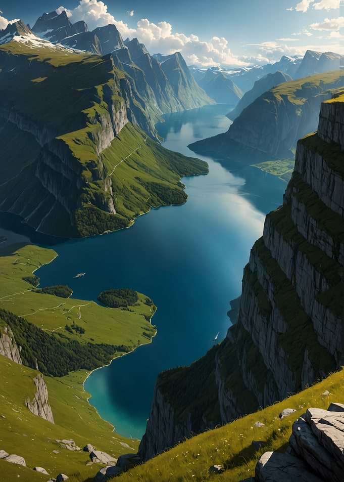 Fjord River Lake Cliff Edge Landscape with Mountains